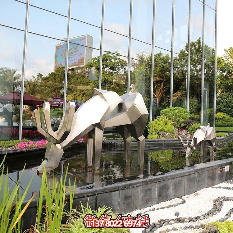 精致雕塑，幾何鏡面不銹鋼鹿，點(diǎn)綴精致水景小品