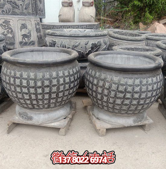 自然美學結合青石石雕、浮雕、編織、雕塑的戶外園林魚缸