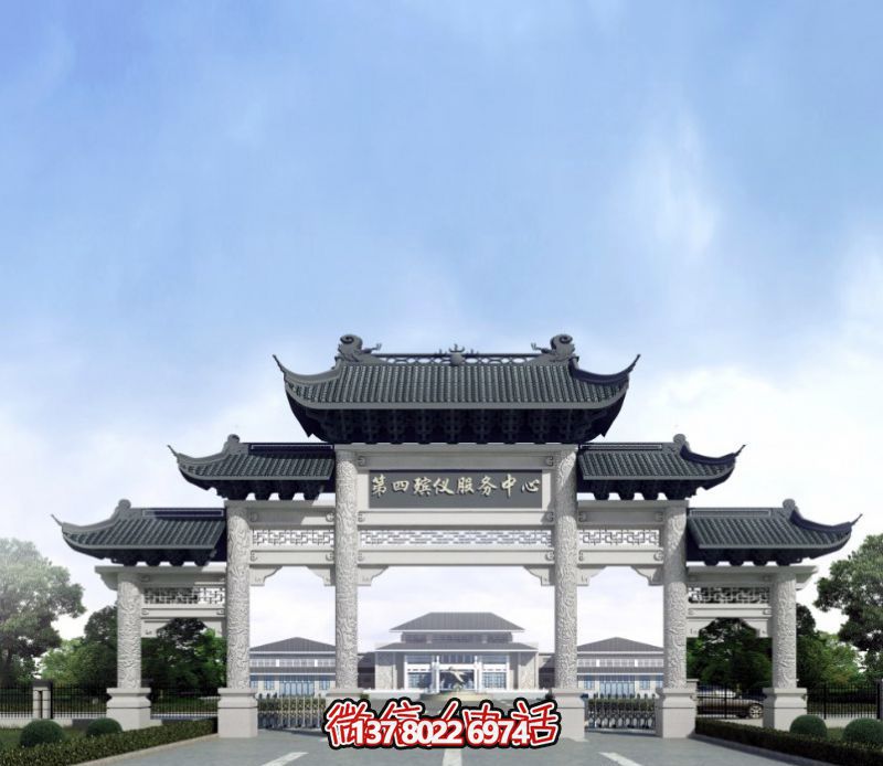 一座新式殯儀館五門景觀、青瓦斗拱、牌樓等高雅裝飾
